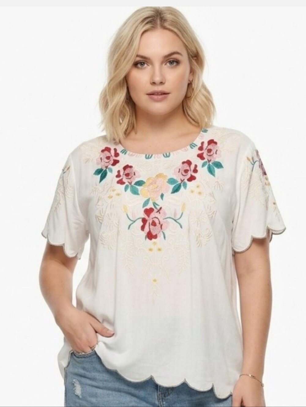 Laura Klein White Embroidered Boho Peasant Blouse Scalloped Top 2X NWT